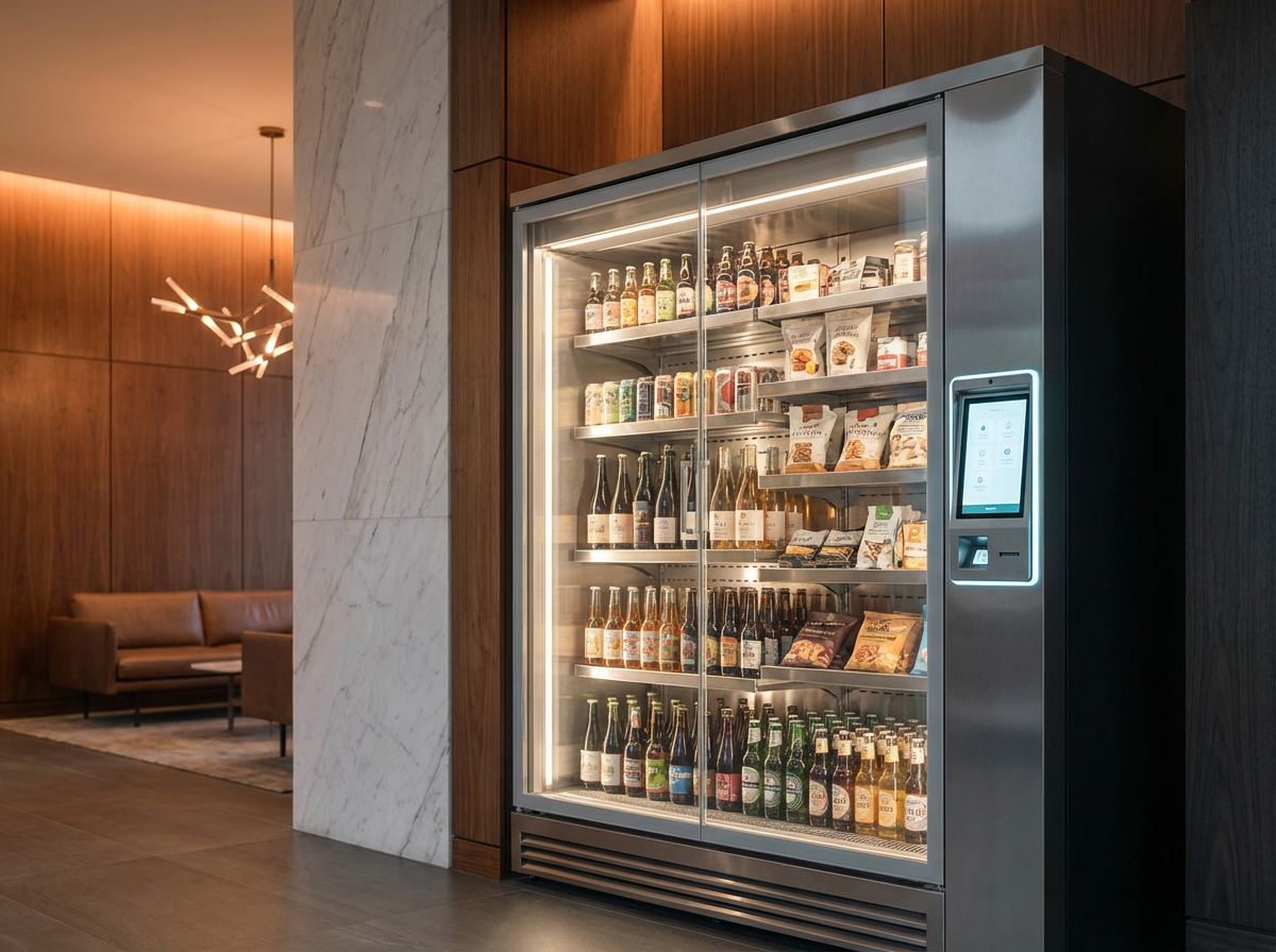 RevoMart smart cooler with internally lit shelves of drinks and snacks, installed against a walnut and marble feature wall in a luxe modern lobby