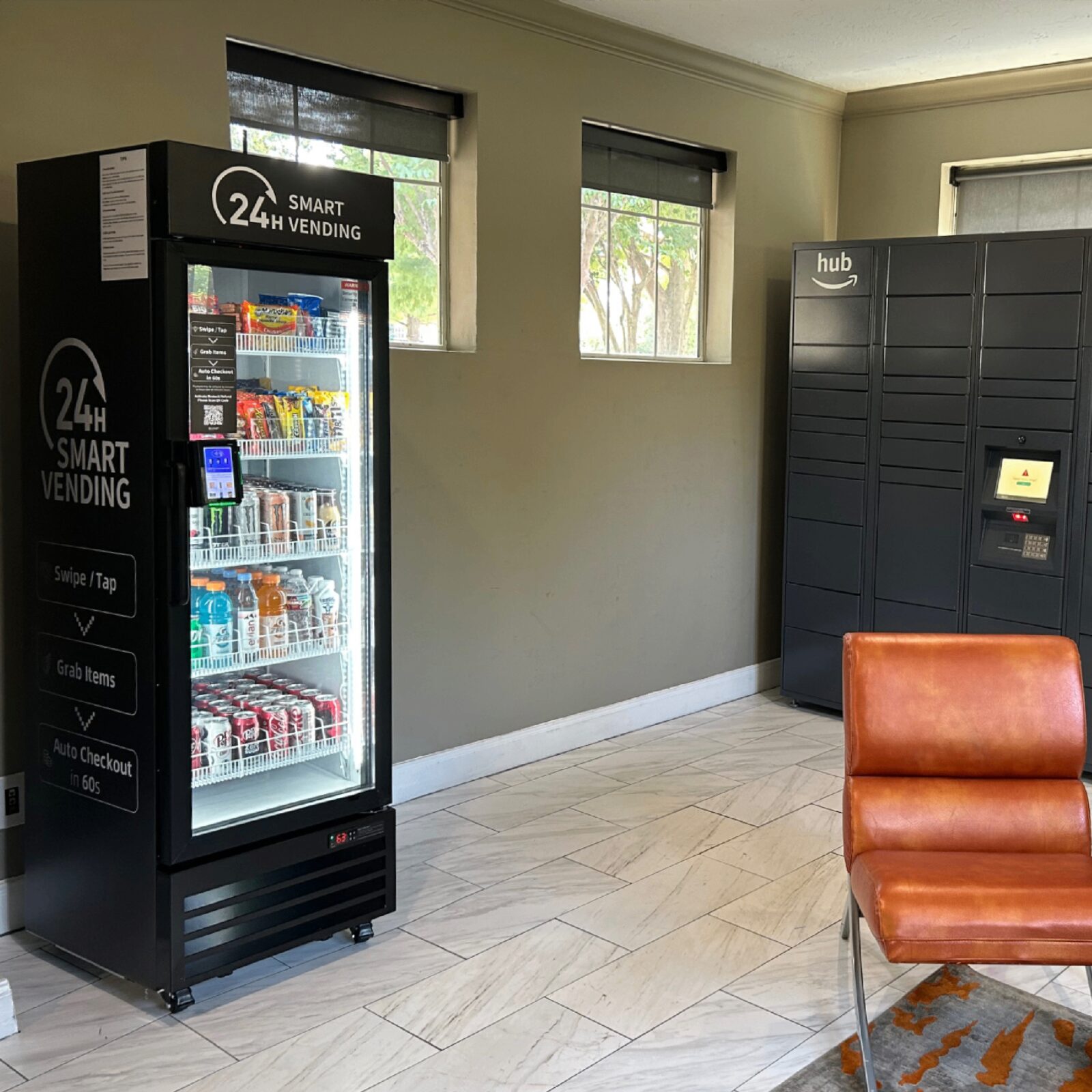 Representative example of a clean smart cooler placement in a modern multifamily lobby